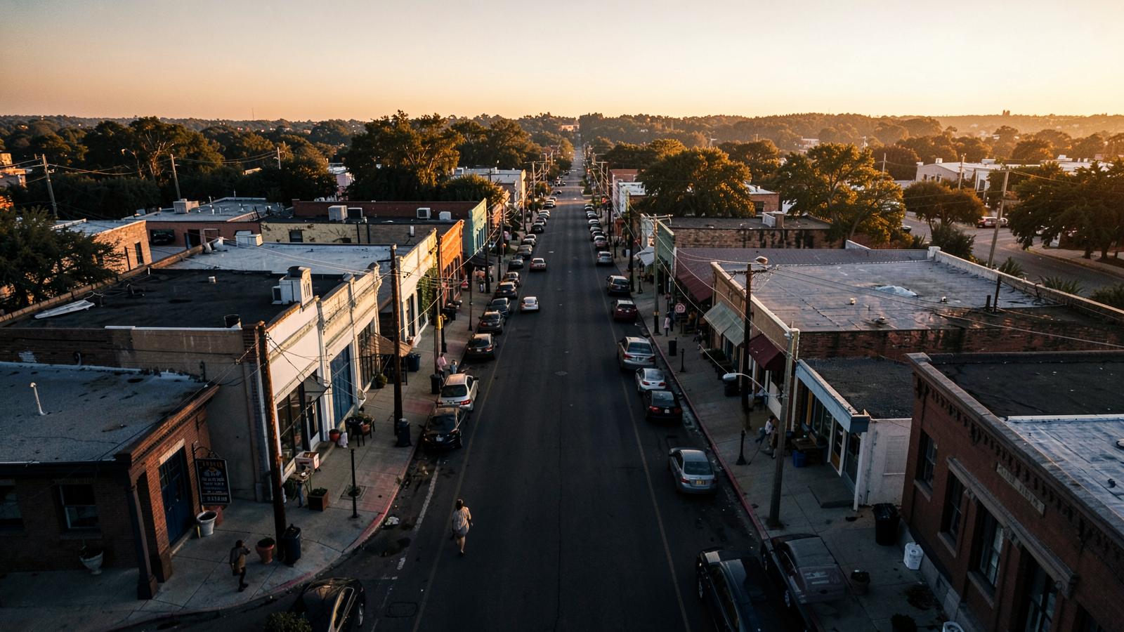 Small town main street in Texas at golden hour
